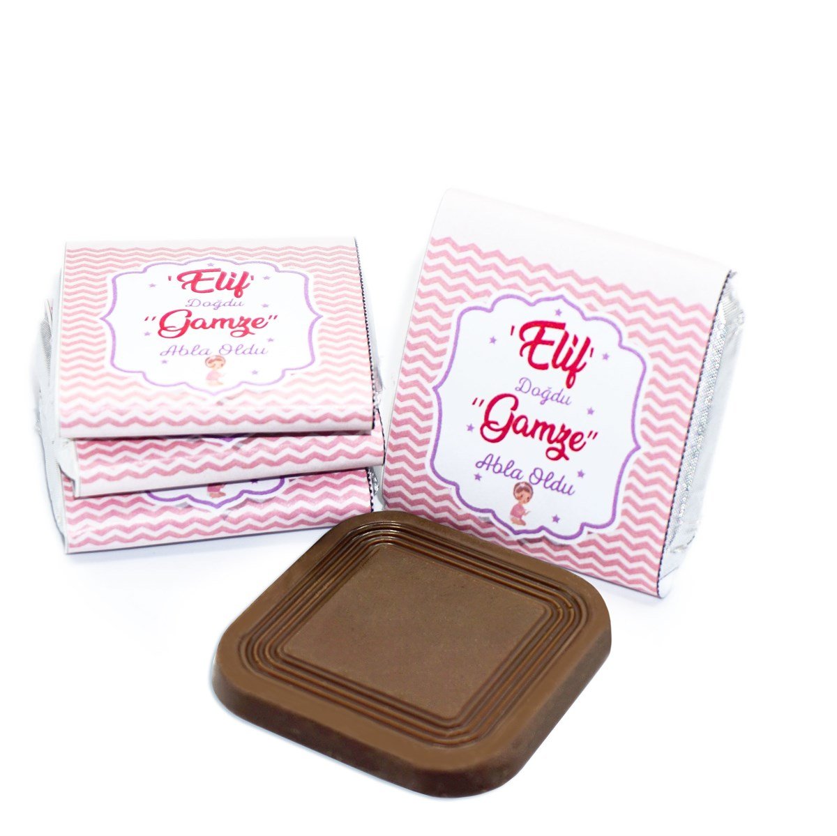 Kız Bebek Çikolatası 48 Adet Madlen Çikolata Pembe Çizgili
