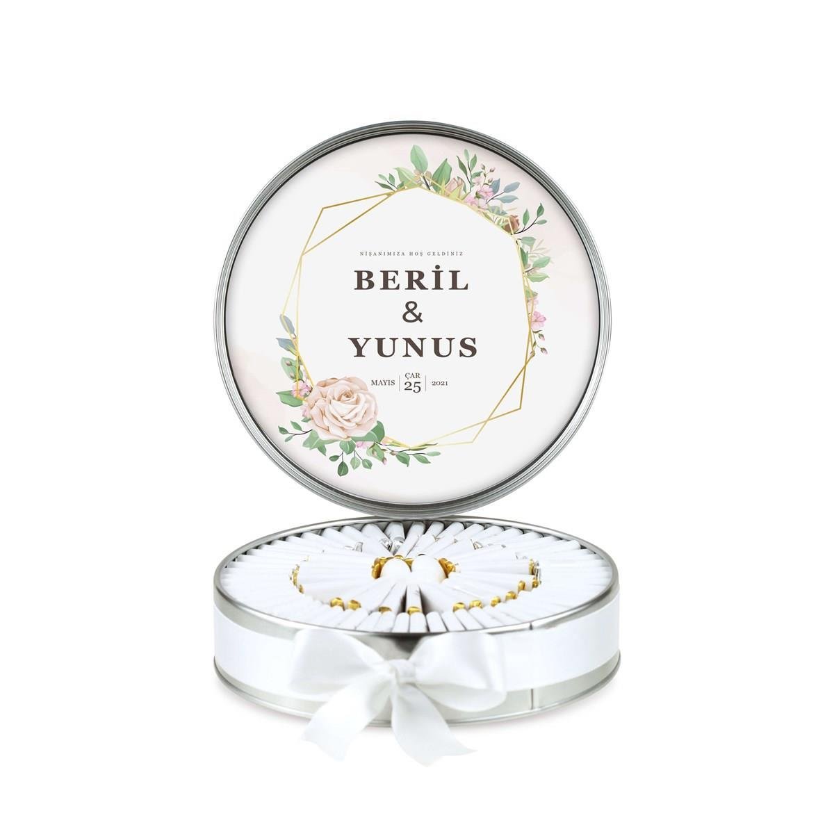 Metal Kutu Söz Nişan Çikolatası Çiçek Desenli ( (80 Adet Napoliten Çikolata)