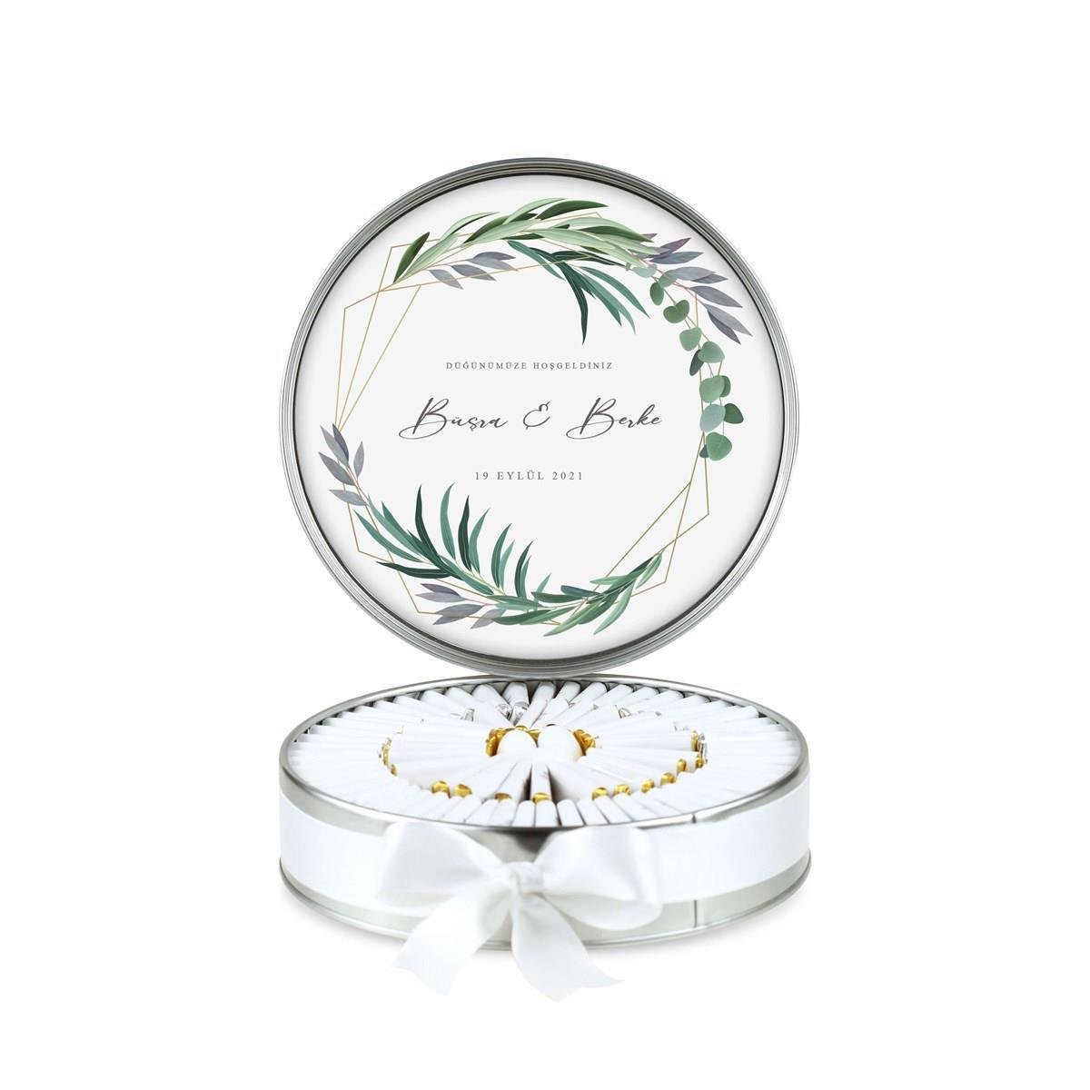 Metal Kutu Söz Nişan Çikolatası Yeşillik Desenli ( (80 Adet Napoliten Çikolata)