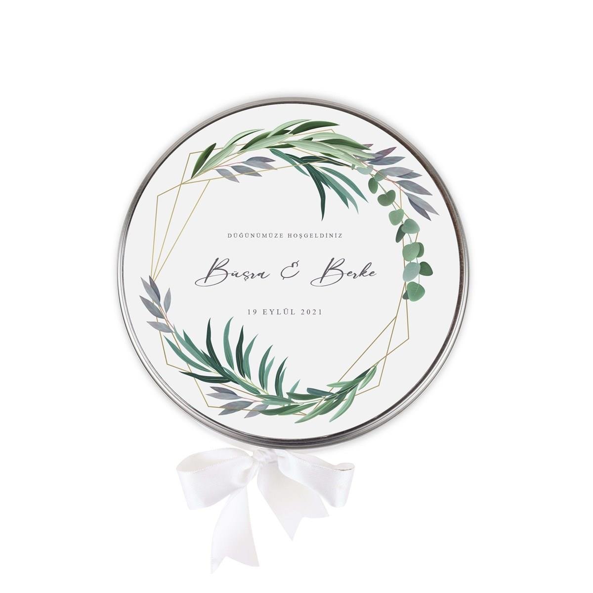 Metal Kutu Söz Nişan Çikolatası Yeşillik Desenli ( (80 Adet Napoliten Çikolata)