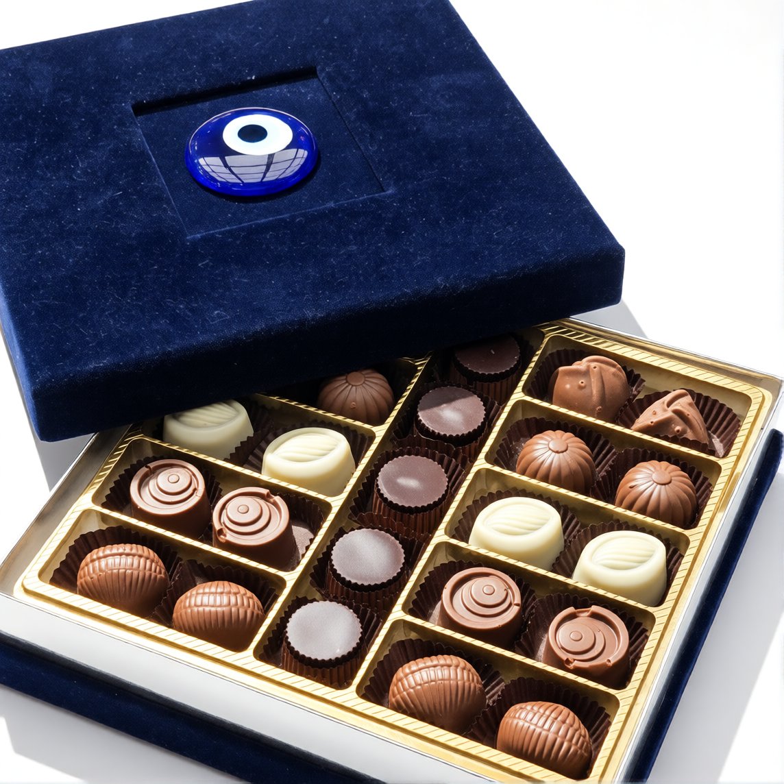 Nin Özel Tasarım Nazar Boncuğu Detaylı Lüks Kadife Çikolata Kutusu 25 Adet