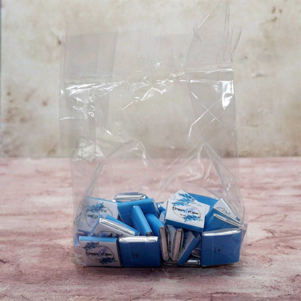 Nin Söz ve Nişan Çikolatası Dökme Mavi Çiçek Baskılı (125 Adet Madlen Çikolata)