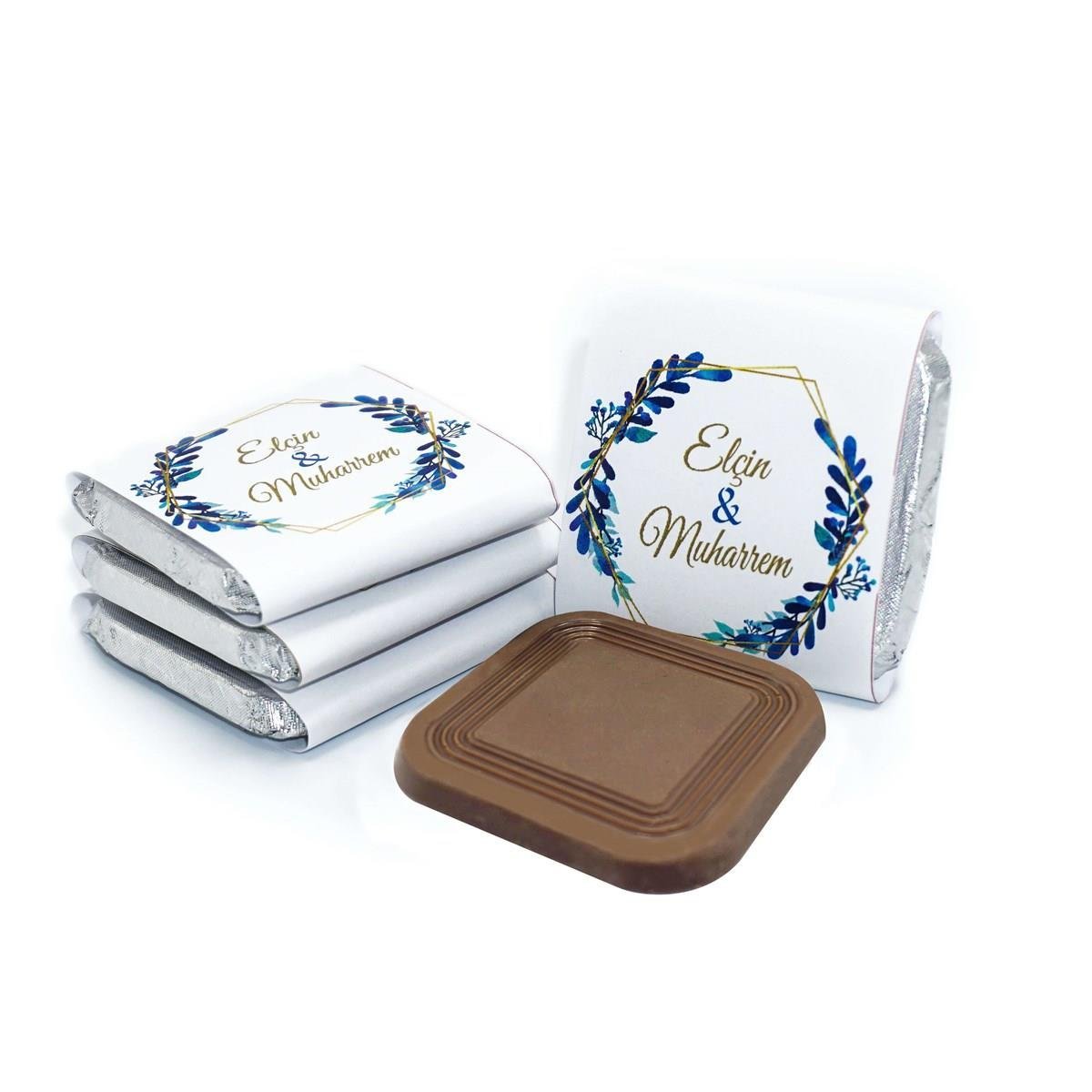 Nin Söz ve Nişan Çikolatası Dökme Mavi Yapraklar Baskılı (70 Adet Madlen Çikolata)