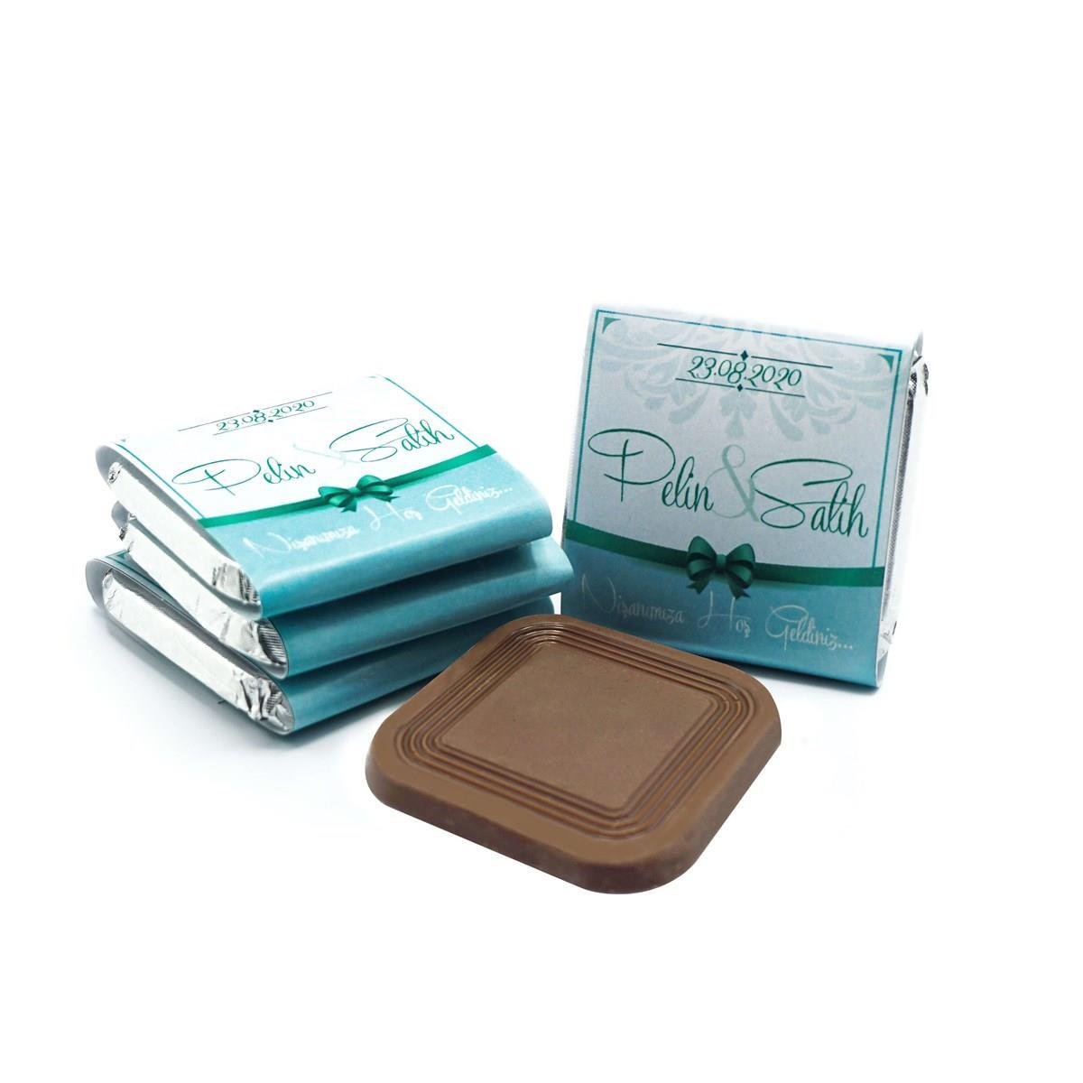 Nin Söz ve Nişan Çikolatası Dökme Mavi Kurdela Baskılı (70 Adet Madlen Çikolata)