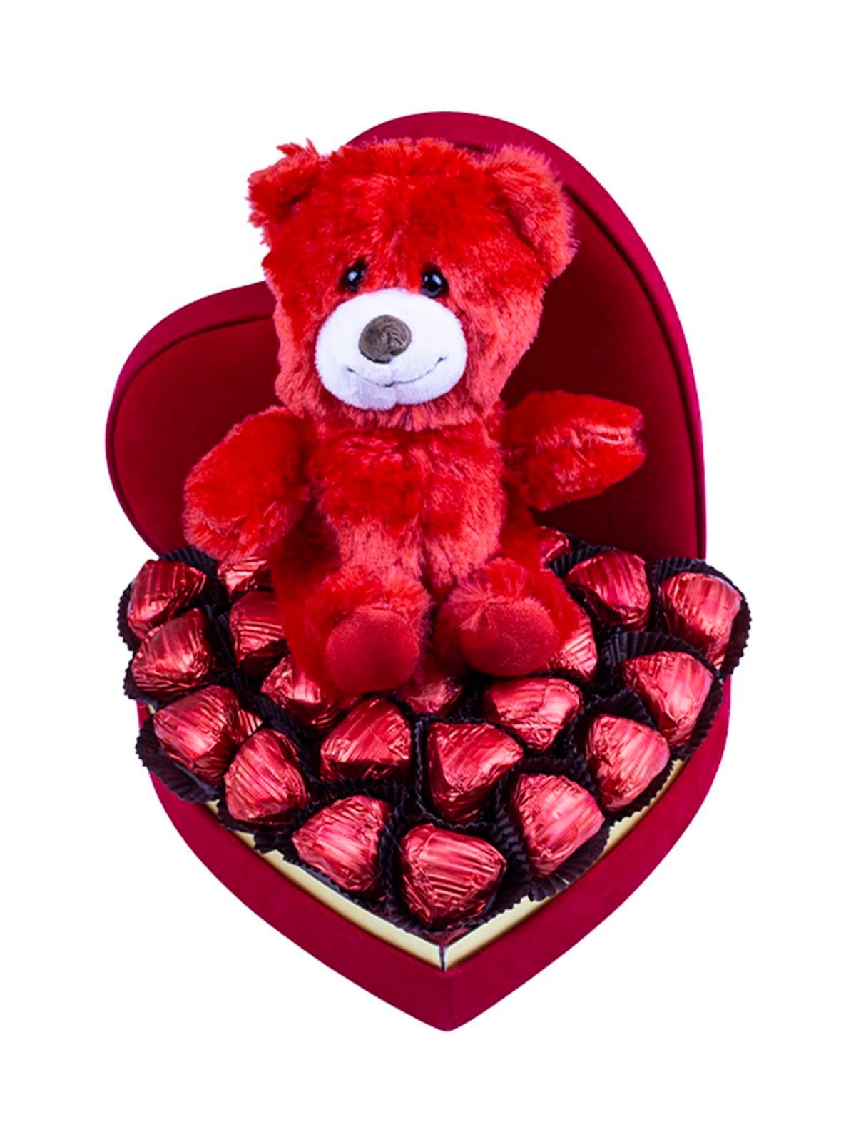 Sevgililer Günü Ayıcıklı Kadife Kutu Kalp Çikolata 
