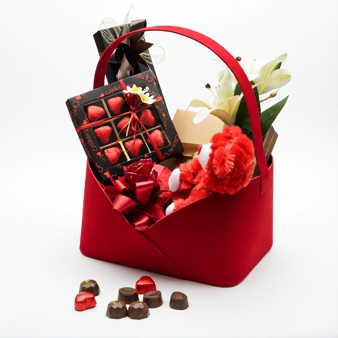 Sevgililer Günü Romantik Premium Set - Özel Ayıcık, Çiçek ve Çikolata Hediye Kutusu