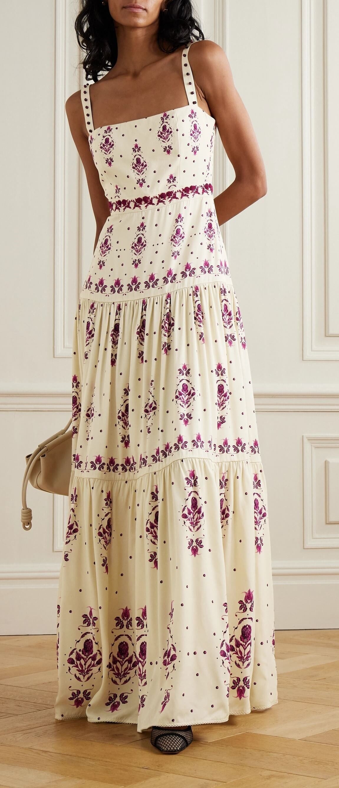 %100 Cotton Askılı Çiçek Desenli Premium Midi Elbise