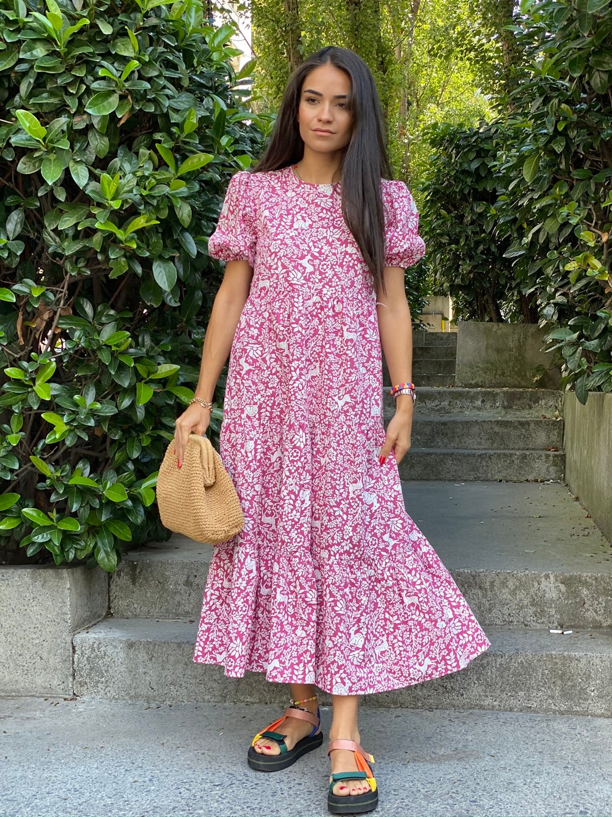 Animal Print Poplin Elbise Pembe