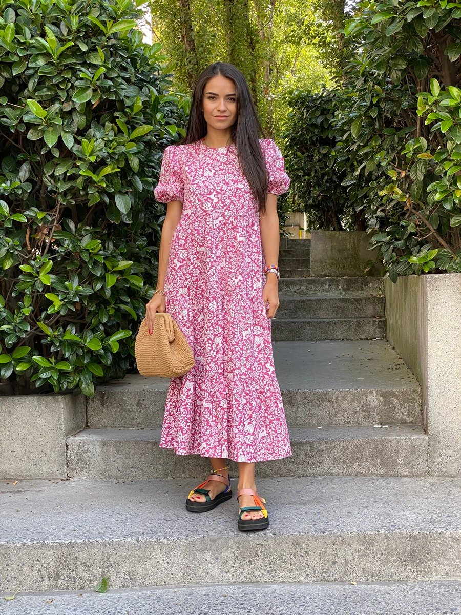 Animal Print Poplin Elbise Pembe
