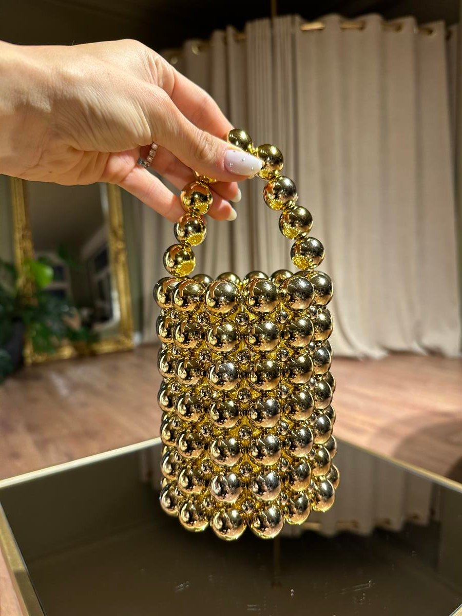 Boncuklu Silindir Gold Çanta