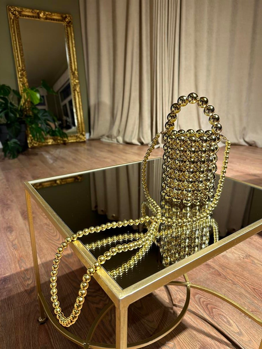 Boncuklu Silindir Gold Çanta