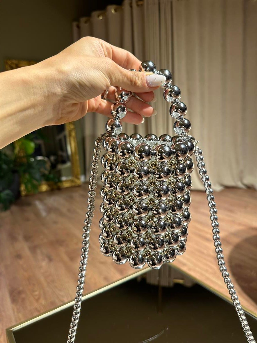 Boncuklu Silindir Silver Çanta