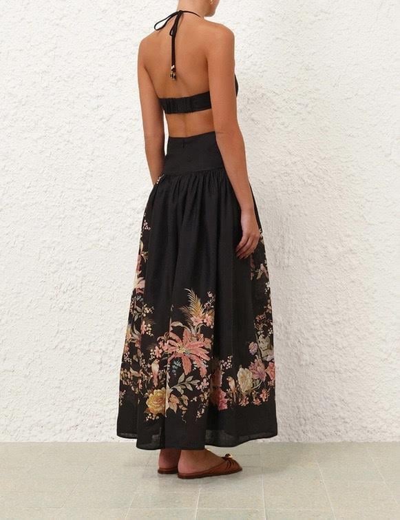 Çiçek Desenli Beli Pencereli Halter Yaka Premium Midi Elbise 