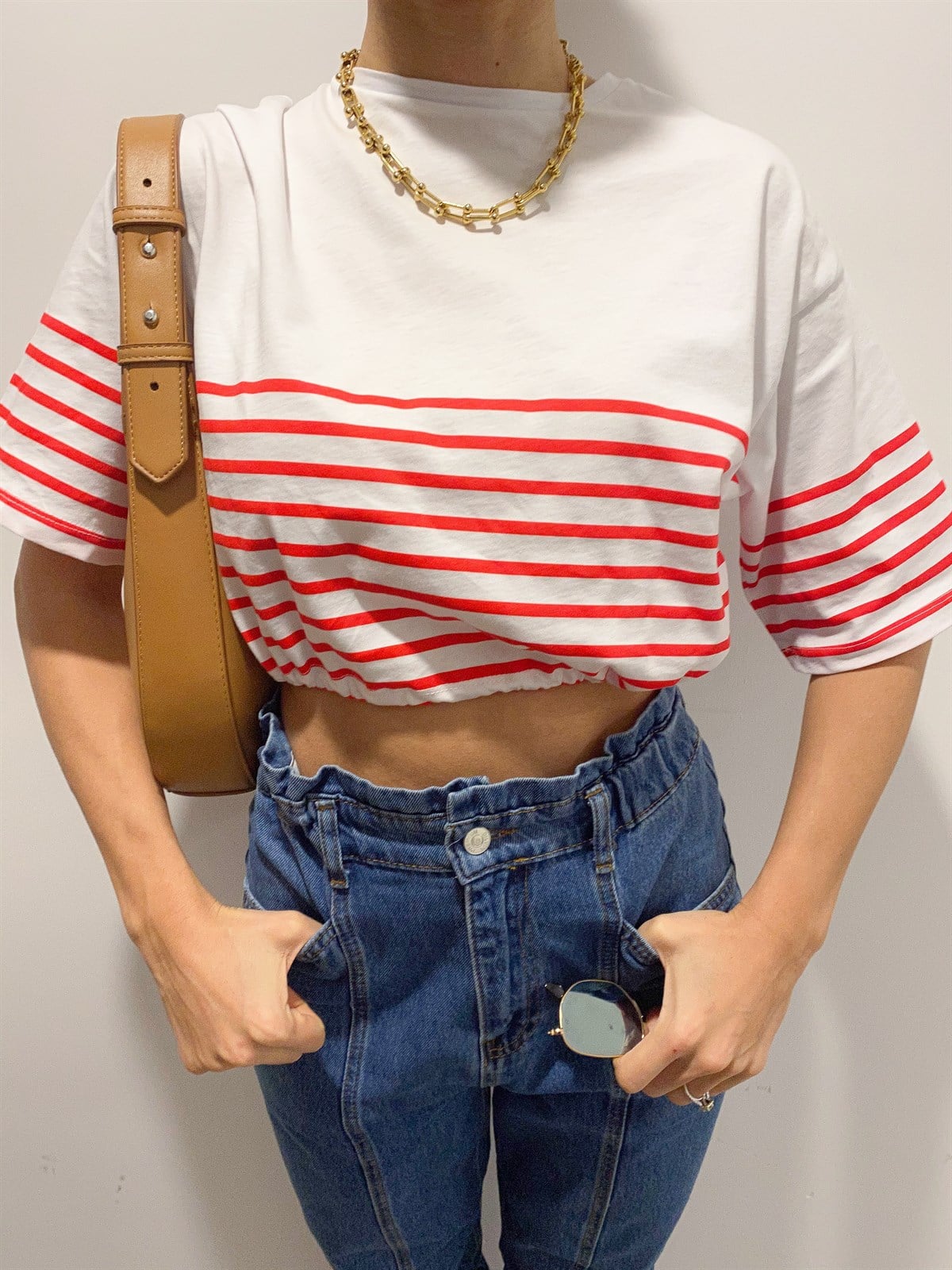 Çizgili Yanları Büzgülü T-Shirt