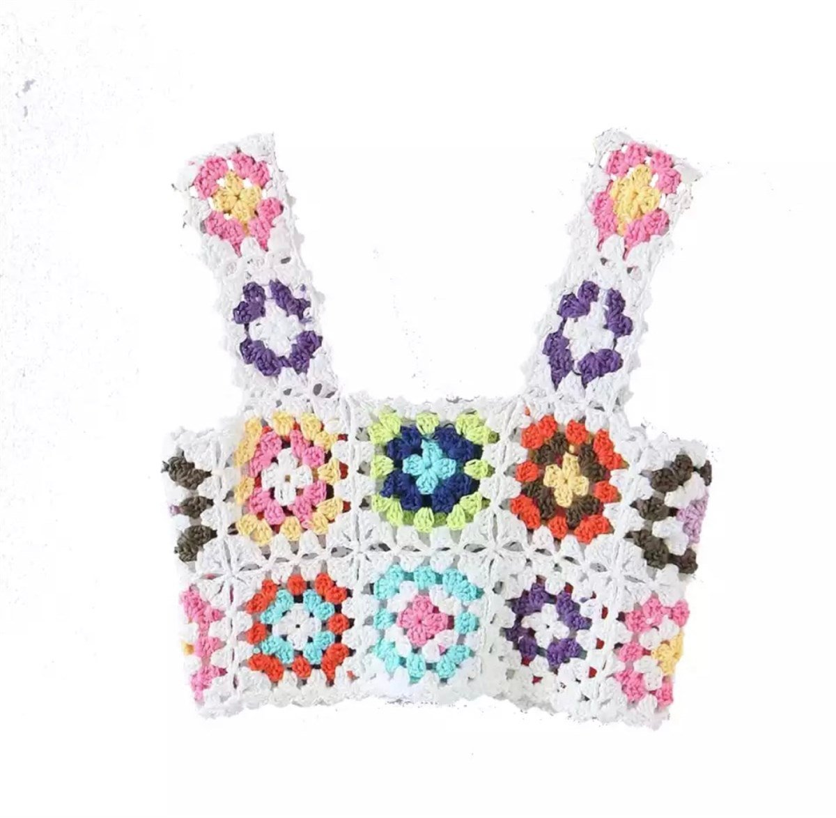 Çok Renkli Patchwork Crochet Bluz