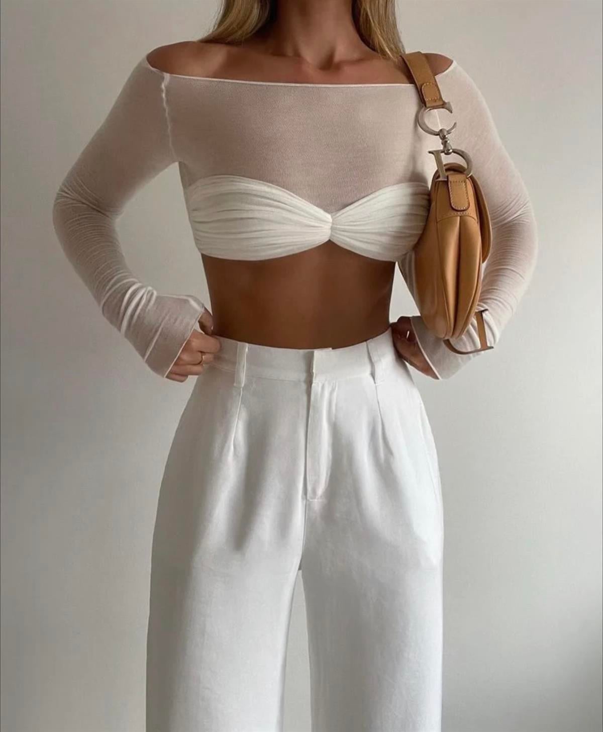 Drapeli Transparan Crop Tasarım Top (Krem)