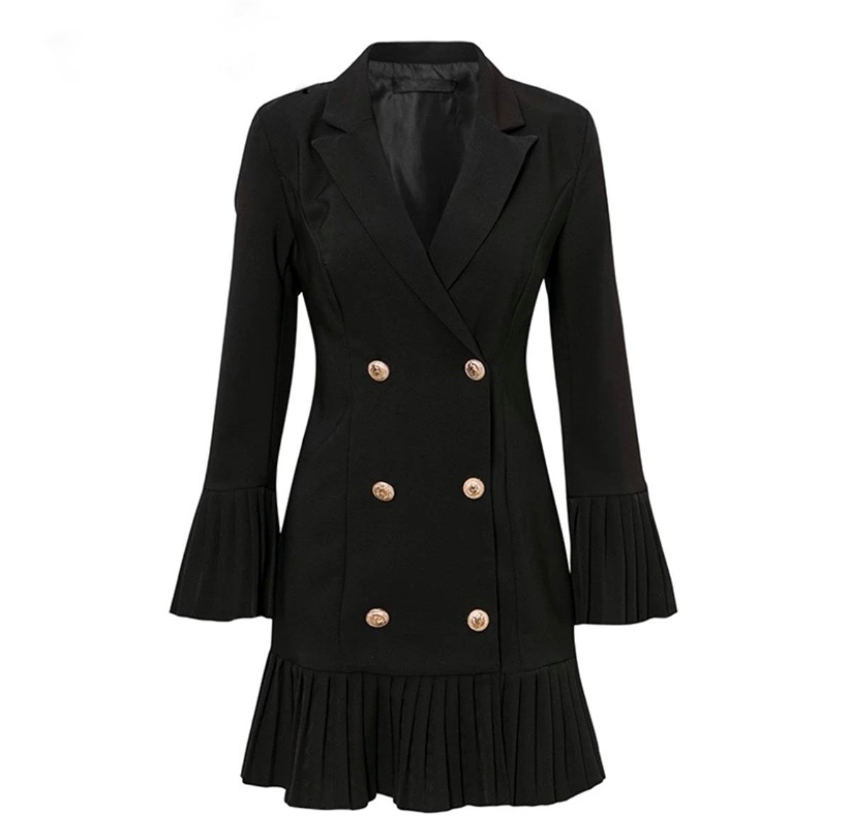 Düğmeli Pileli Siyah Blazer Elbise