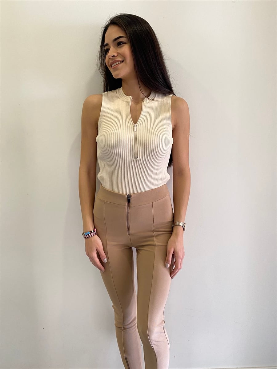 Ekru Fitilli Fermuarlı Body