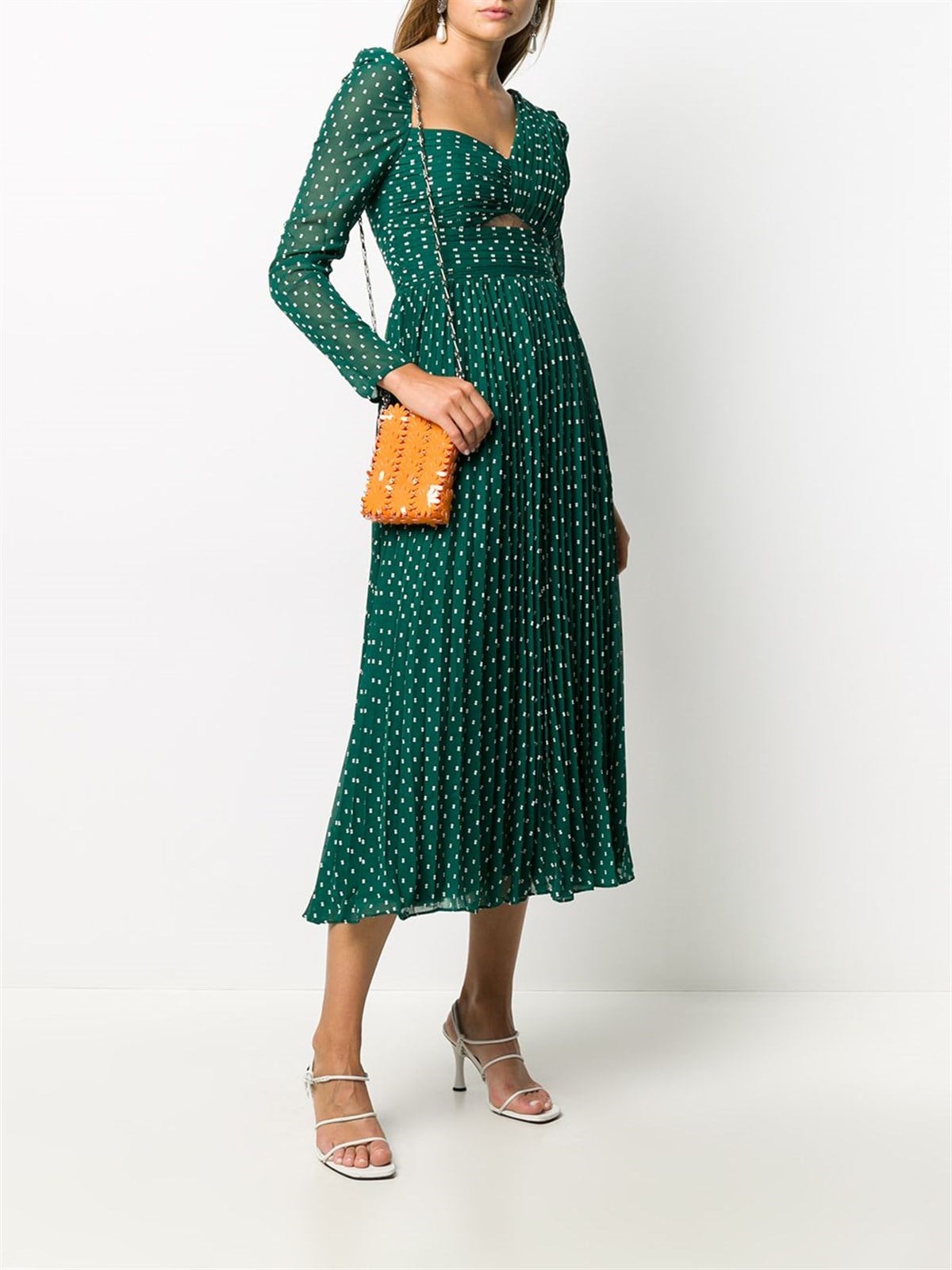 Göğsü Üçgen Pencereli Puantiyeli Tasarım Midi Elbise