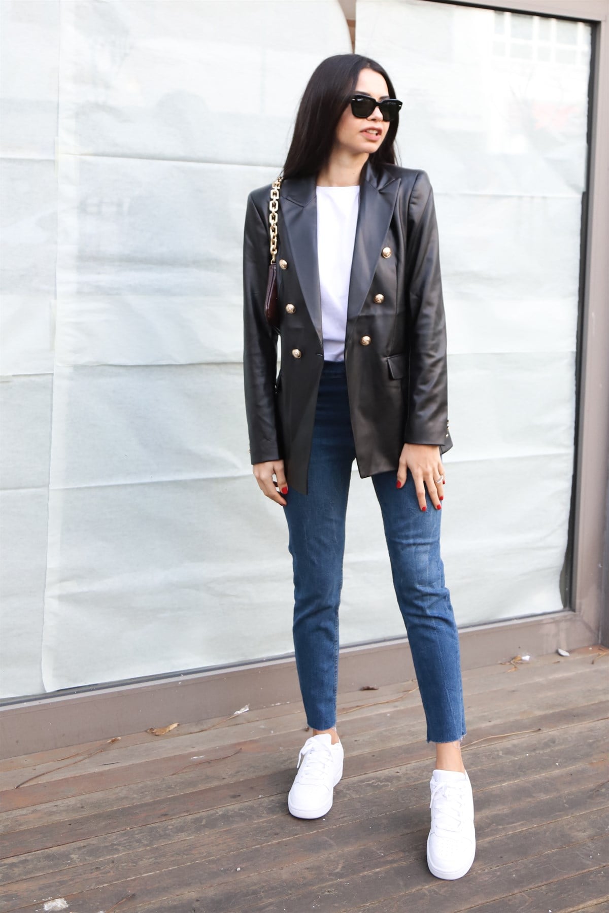 Gold Düğmeli Vatkalı Deri Blazer