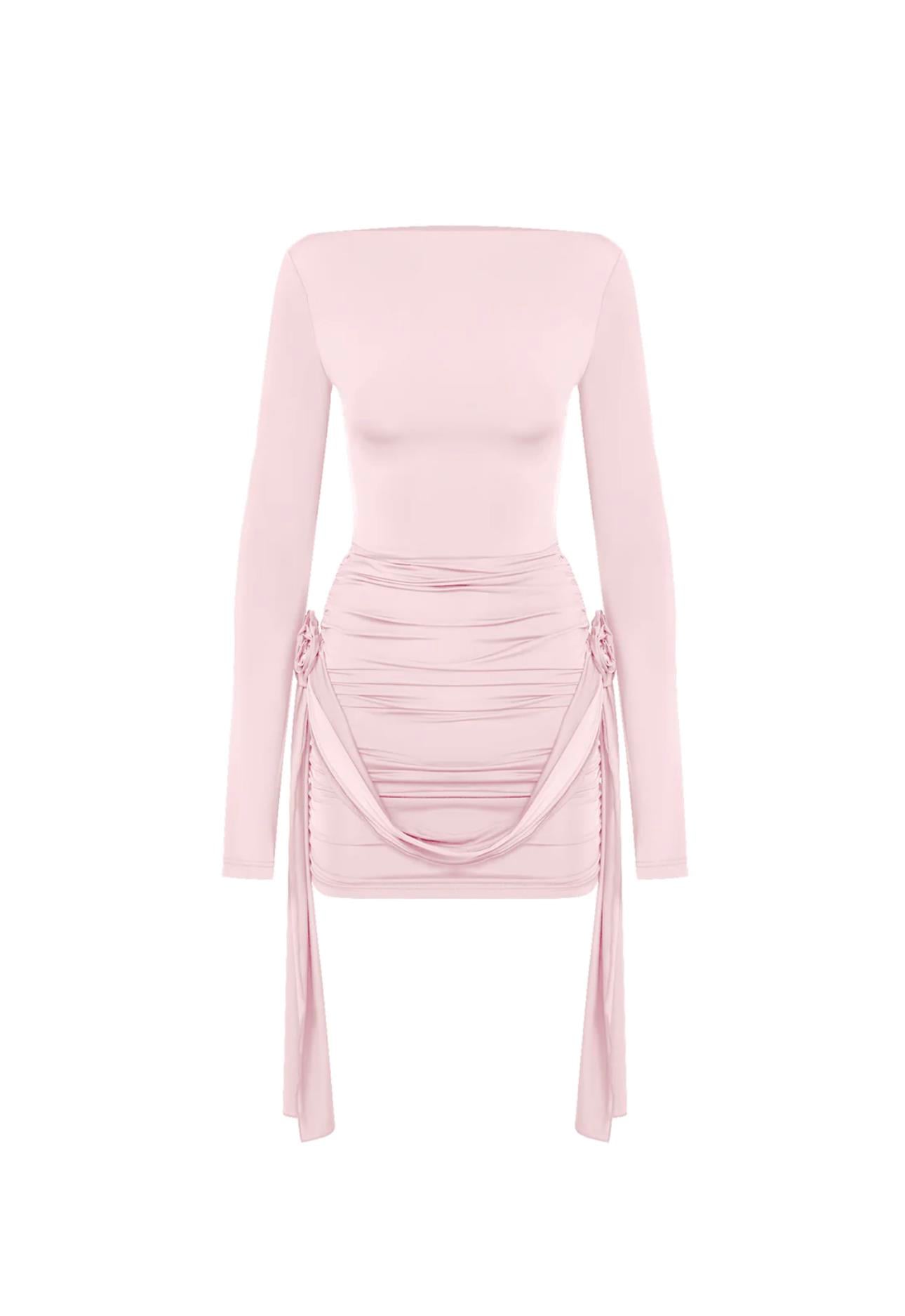 Gül Detaylı Uzun Kollu Pembe Mini Elbise