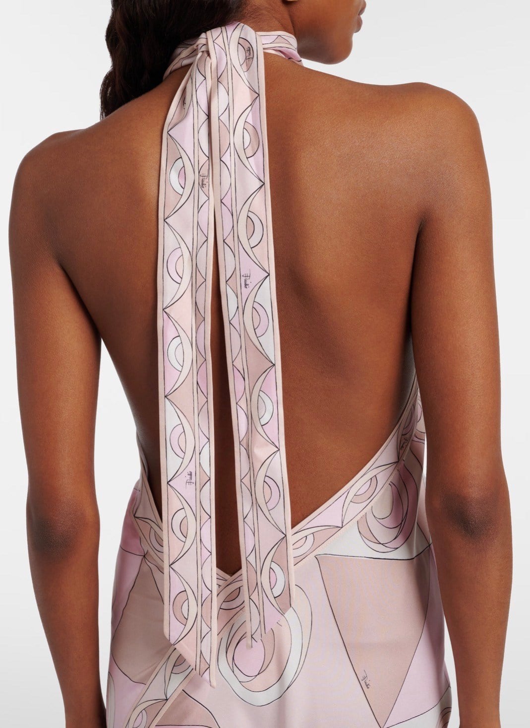 Halter Yaka Pembe Desenli Saten Premium Midi Elbise