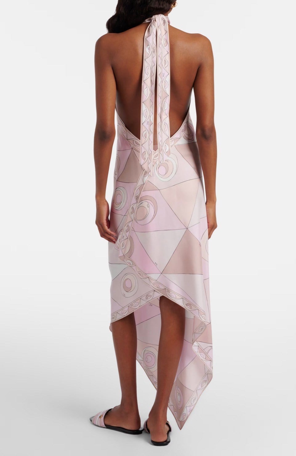 Halter Yaka Pembe Desenli Saten Premium Midi Elbise