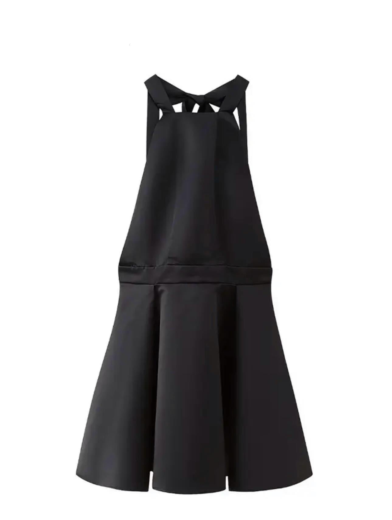 Halter Yaka Saten Siyah Tasarım Mini Elbise