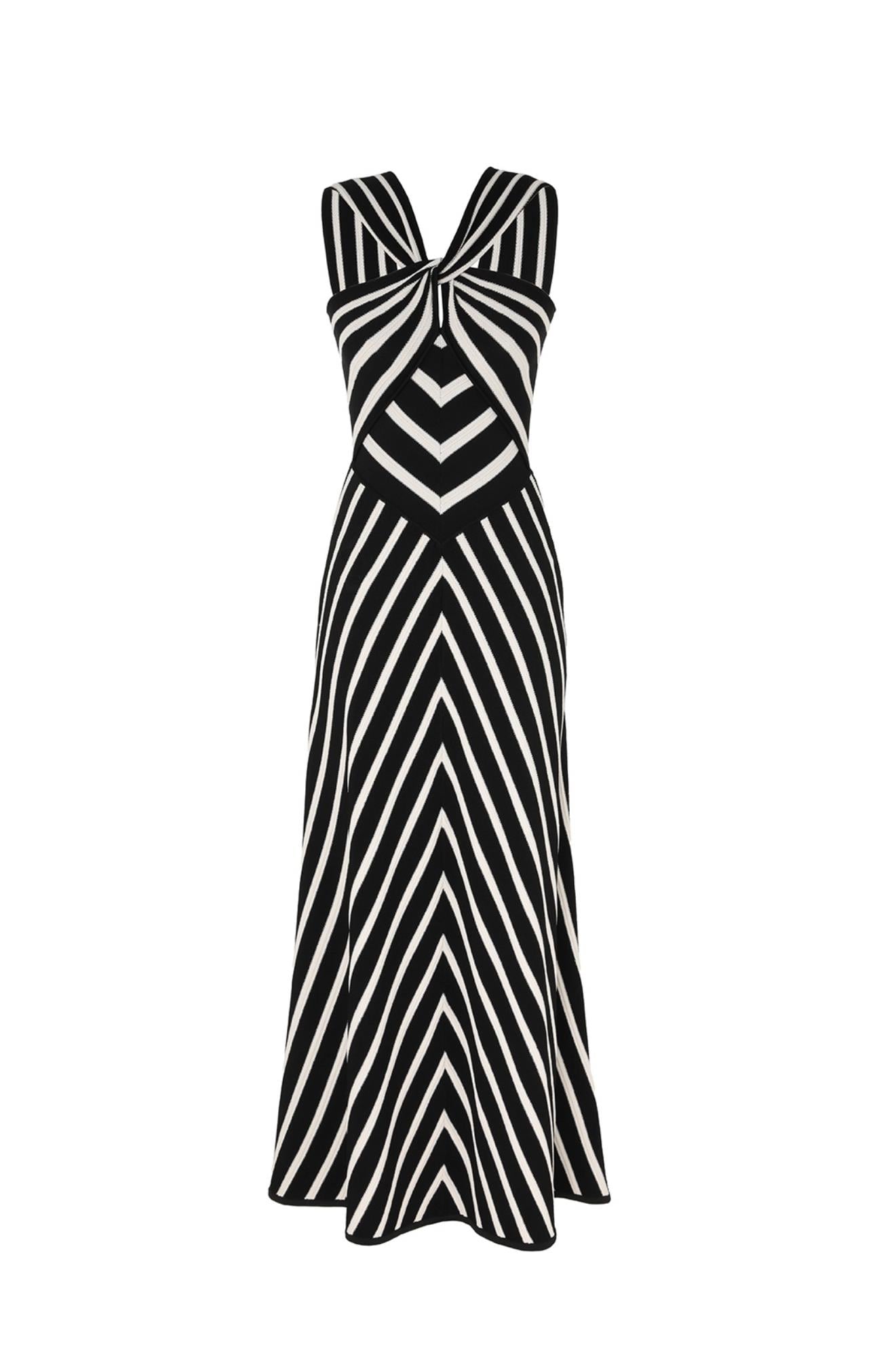 Halter Yaka Siyah Beyaz Bandaj Premium Midi Elbise