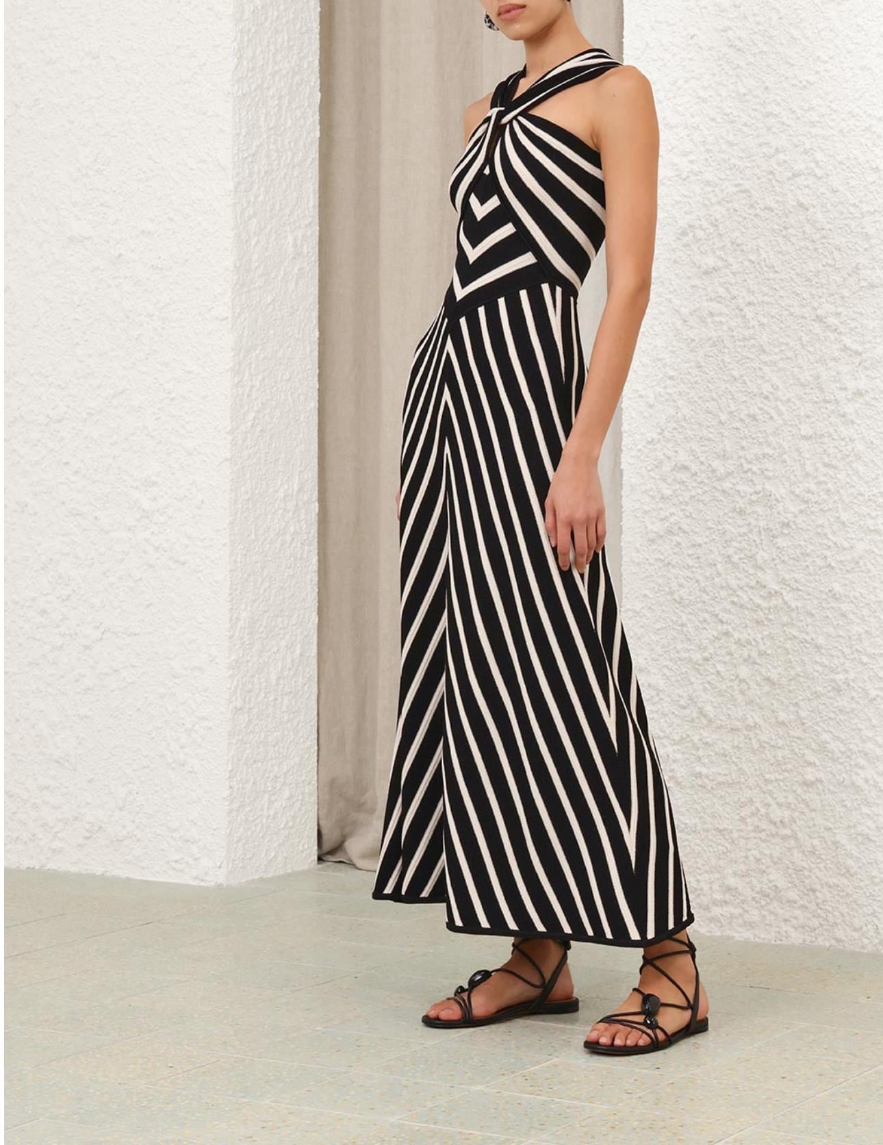 Halter Yaka Siyah Beyaz Bandaj Premium Midi Elbise