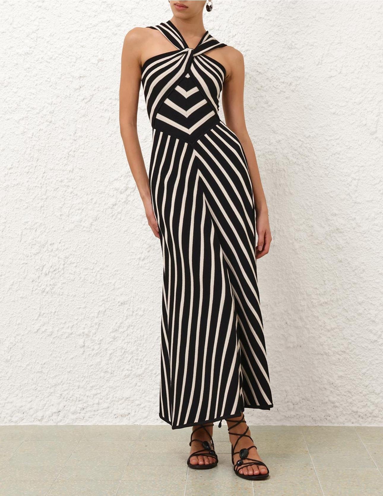 Halter Yaka Siyah Beyaz Bandaj Premium Midi Elbise