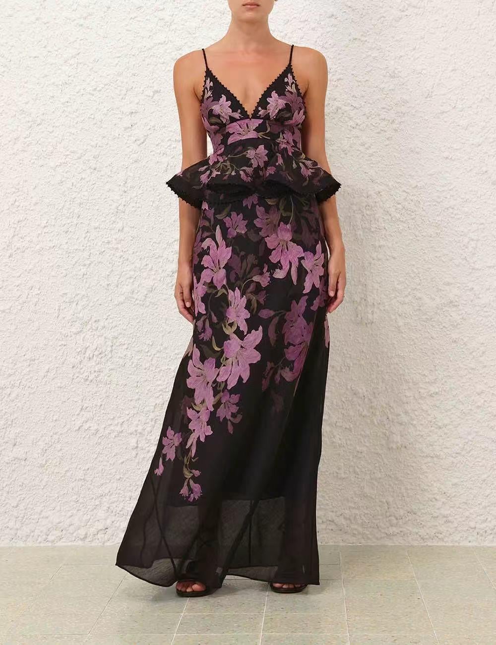 İp Askılı Desenkli Peplum Detaylı Maksi Siyah Keten Premium Elbise