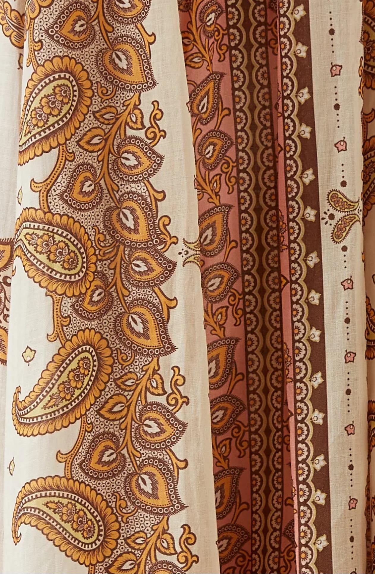İp Askılı Desenli Sırtı Derin Dekolteli Beli Lastikli Maksi Keten Premium Elbise