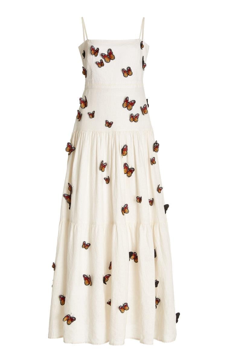İp Askılı Kelebek Aplikli Premium Keten Maksi Elbise