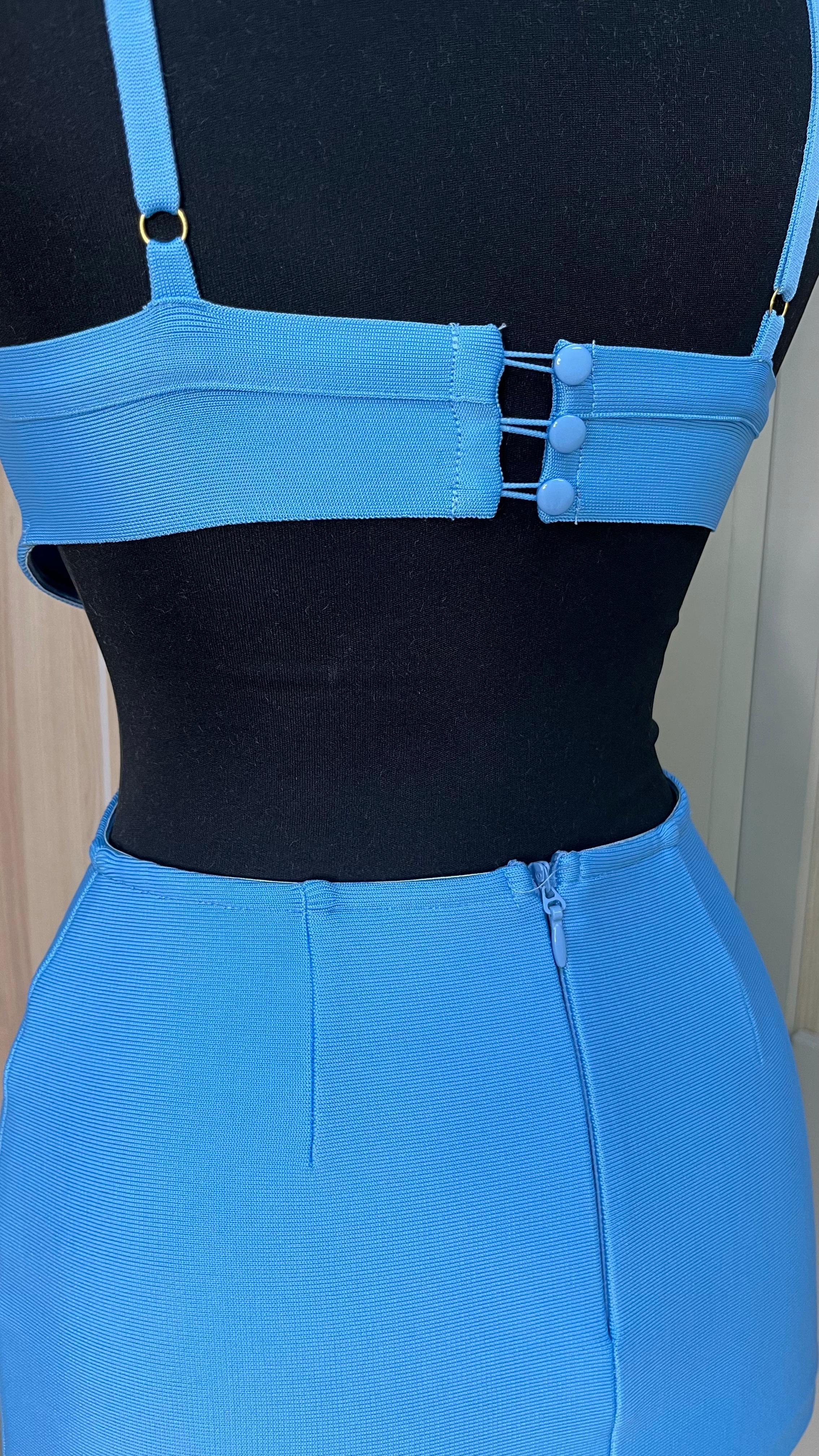 İp Askılı Pencere Detaylı Mavi Mini Bandaj Elbise