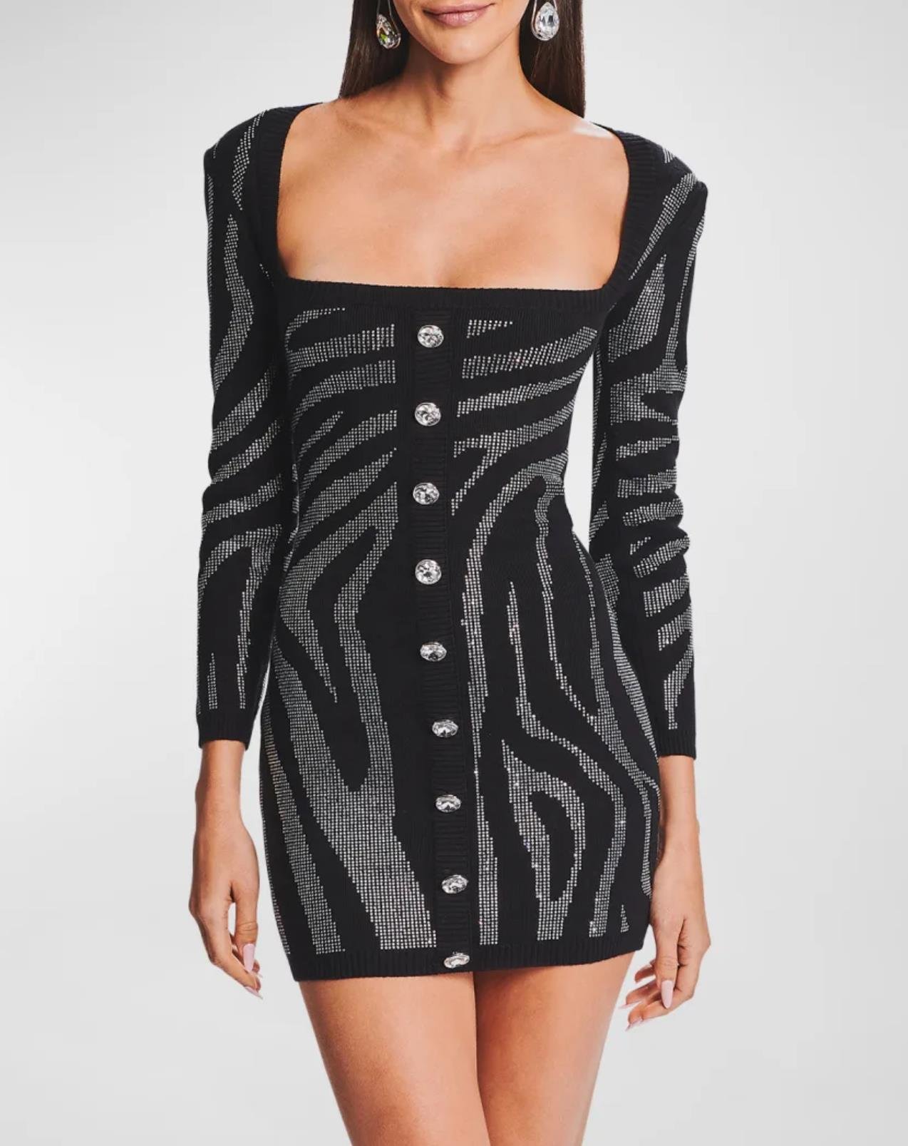 Kare Yaka Zebra Desenli Düğmeli Mini Elbise