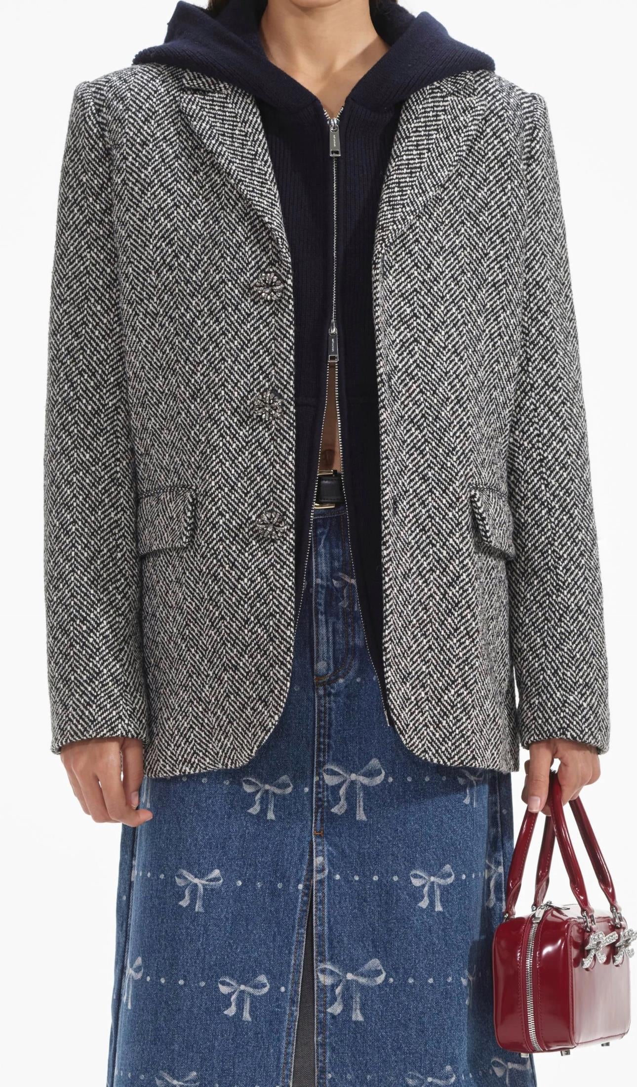 Kazayağı Desenli Kristal Düğmeli Tasarım Blazer 