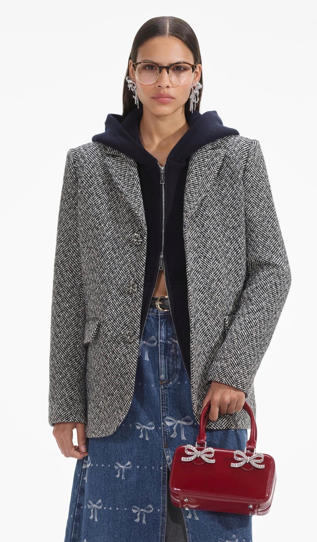 Kazayağı Desenli Kristal Düğmeli Tasarım Blazer 