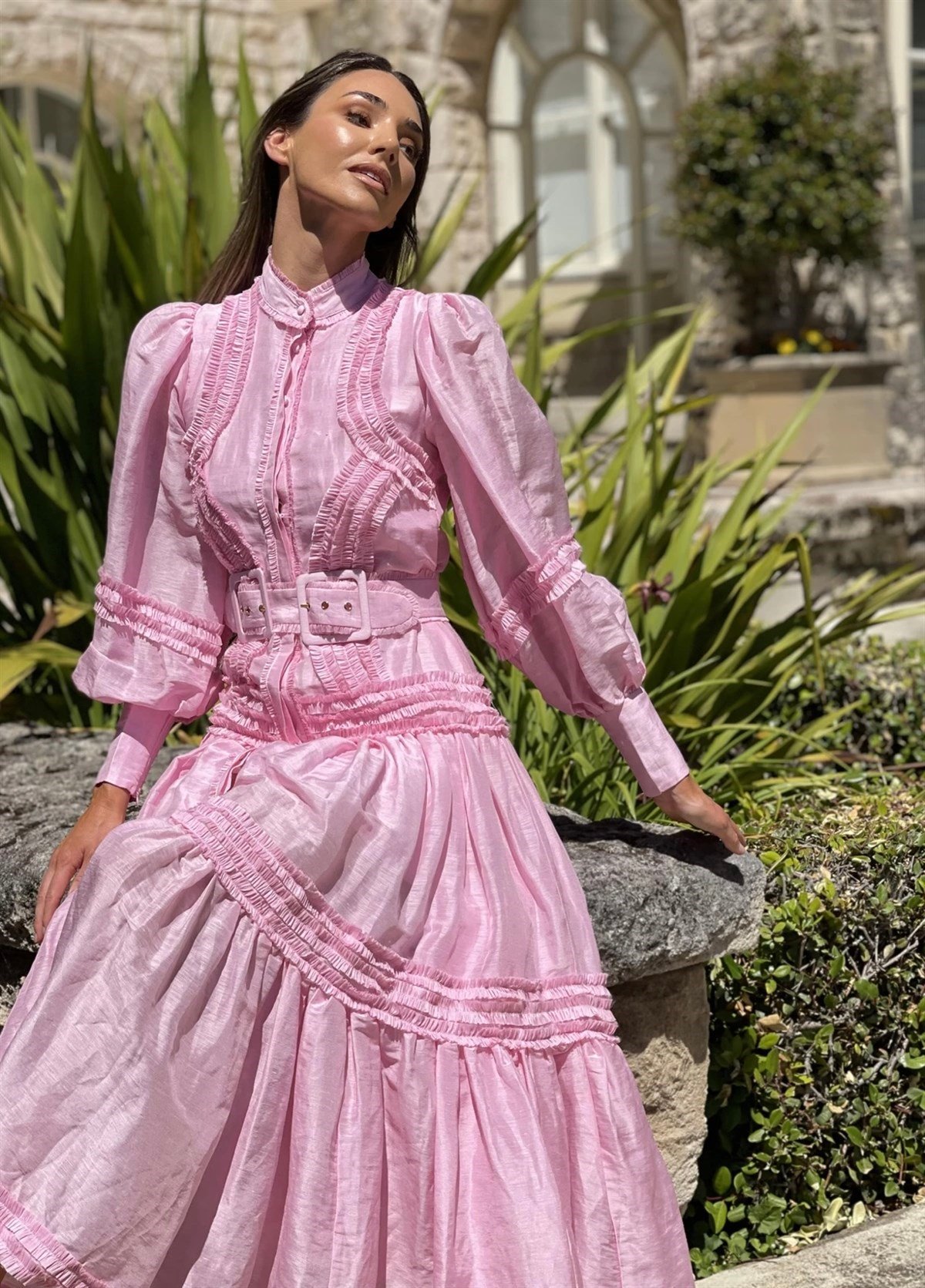 Kemerli Fırfır Detaylı Tasarım Pembe Elbise