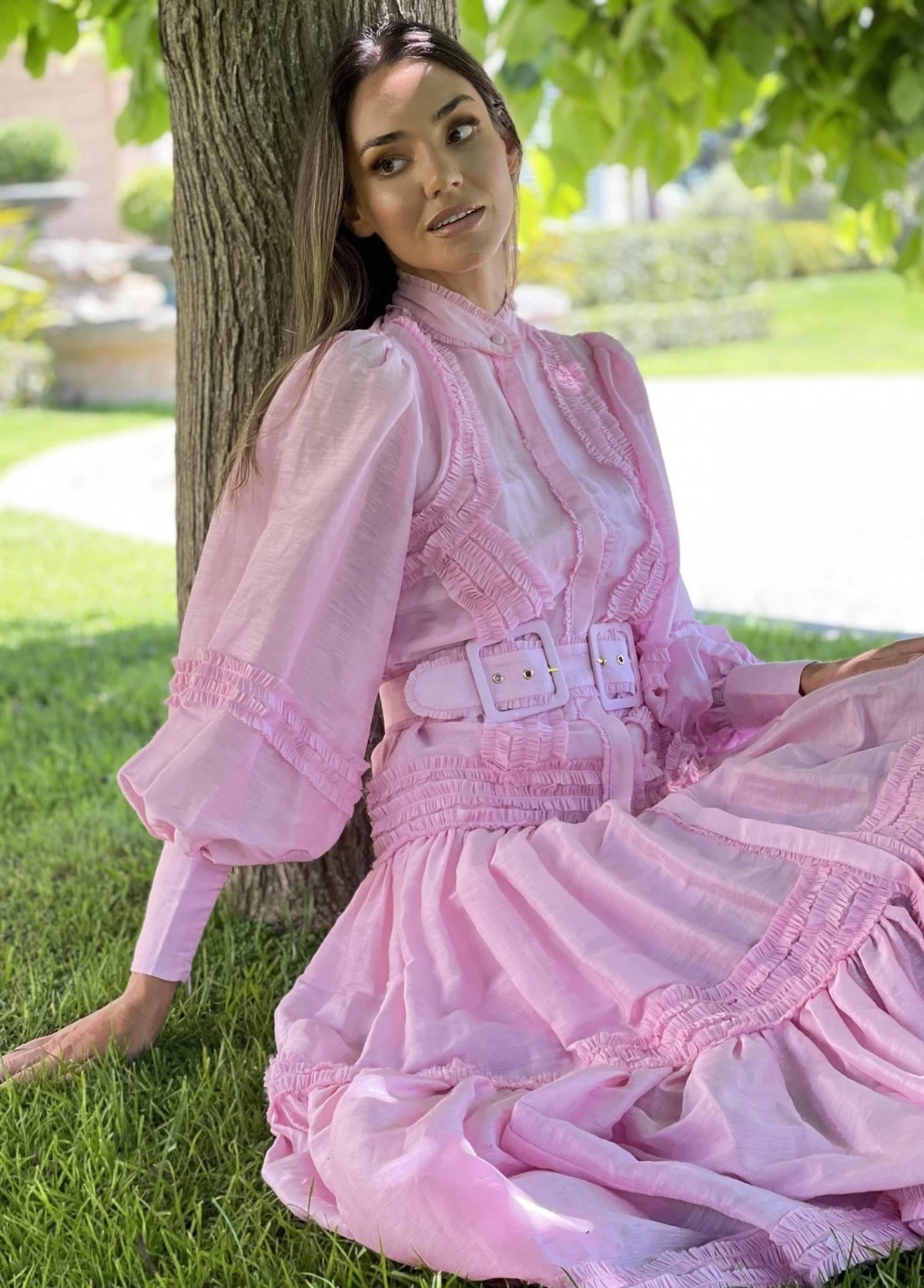 Kemerli Fırfır Detaylı Tasarım Pembe Elbise