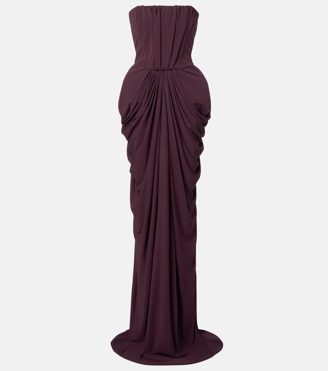 Komple Drape Detaylı Straplez Kahverengi Maksi Tasarım Elbise
