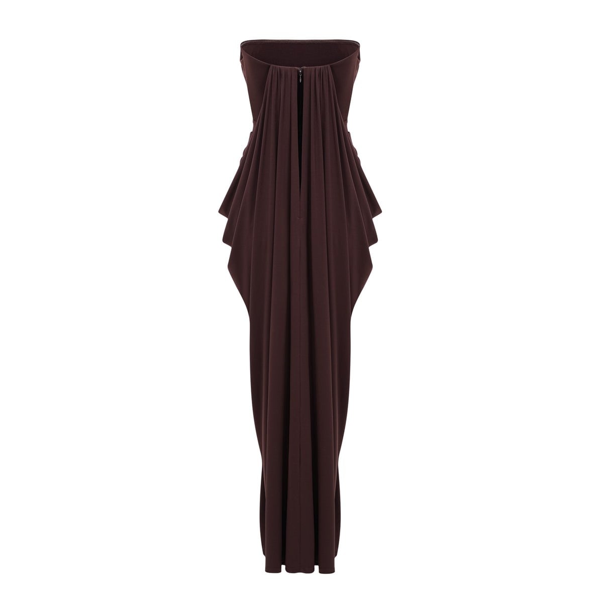 Komple Drape Detaylı Straplez Kahverengi Maksi Tasarım Elbise