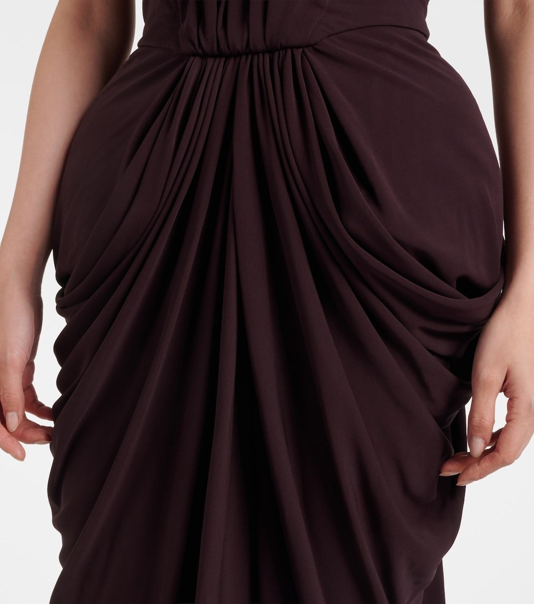 Komple Drape Detaylı Straplez Kahverengi Maksi Tasarım Elbise