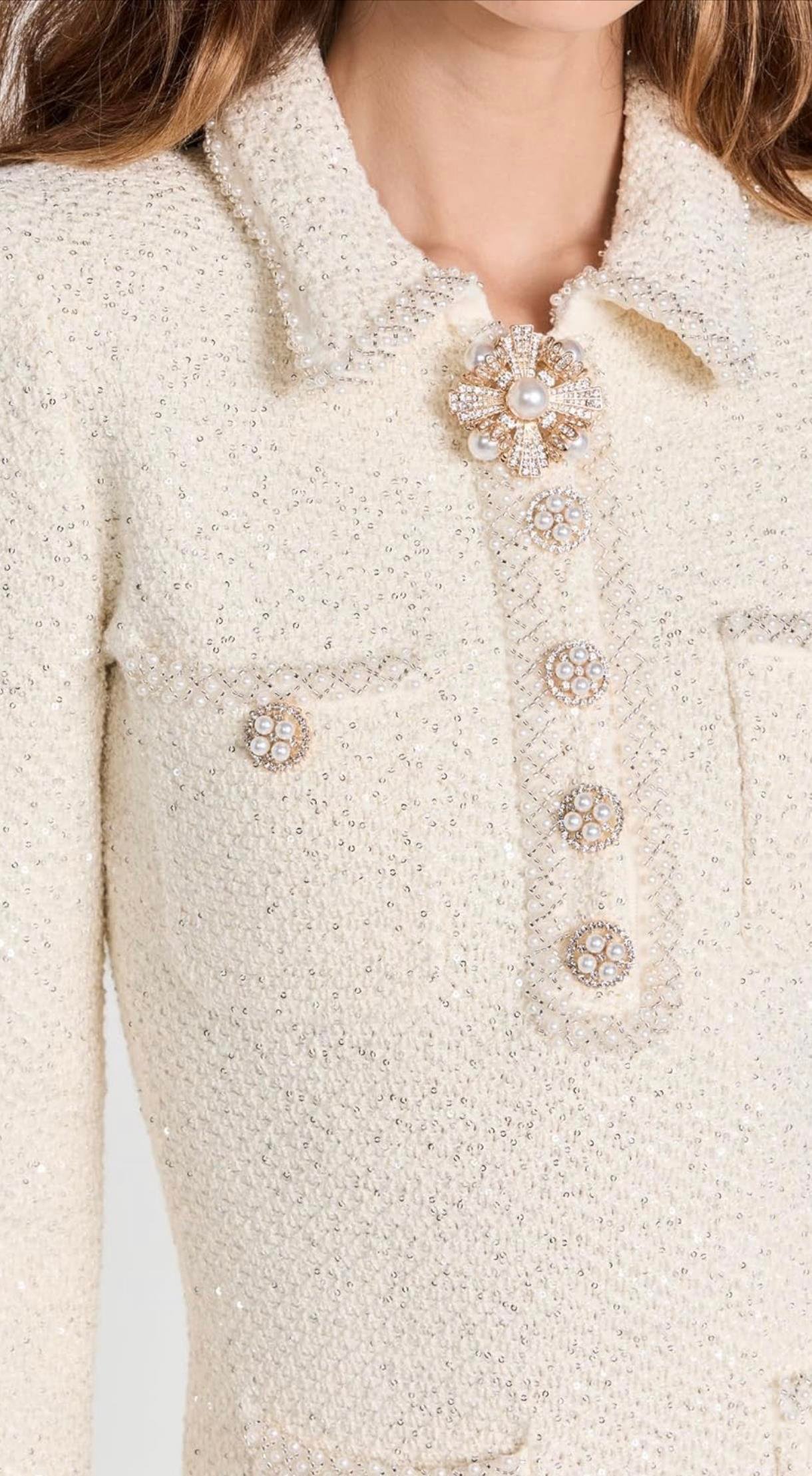 Kristal Düğmeli Beyaz Premium Triko Elbise