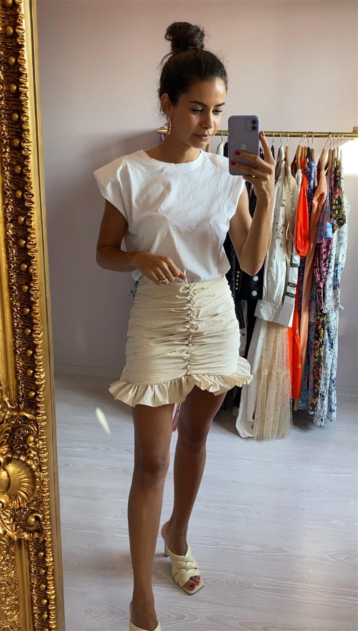 Kristal Düğmeli Drapeli Mini Etek