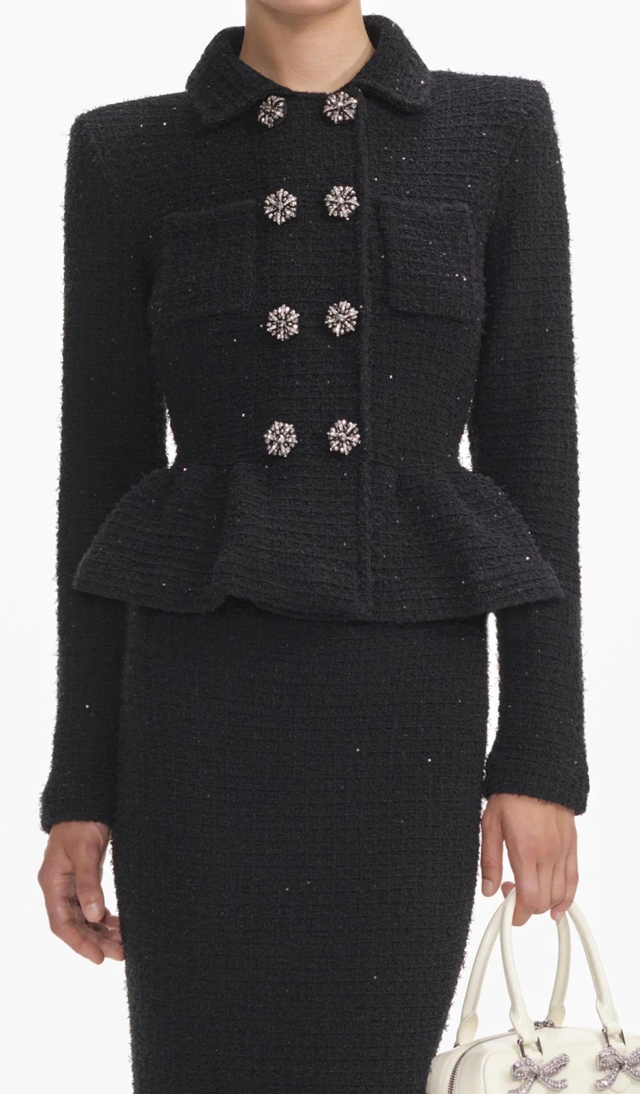 Kristal Düğmeli Peplum Formlu Siyah Premium Midi Elbise