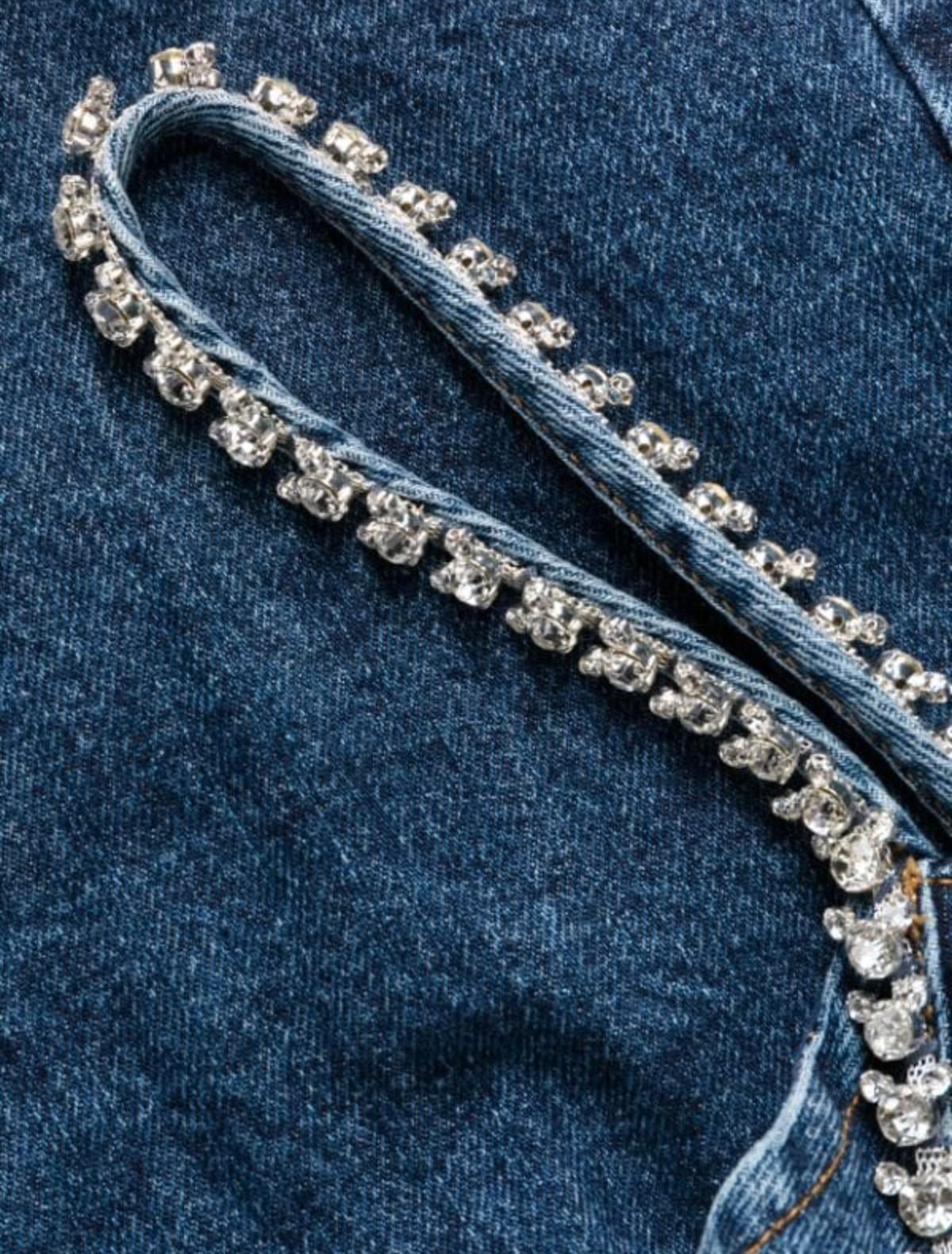 Kristal Taş Detaylı Denim Mini Elbise