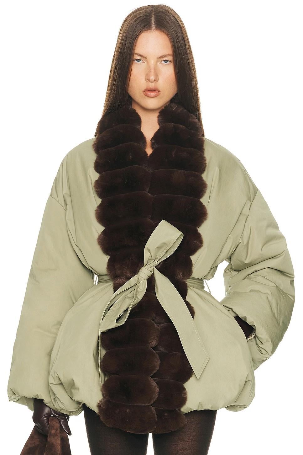 Kürklü Kuşaklı Premium Haki Puffer Ceket
