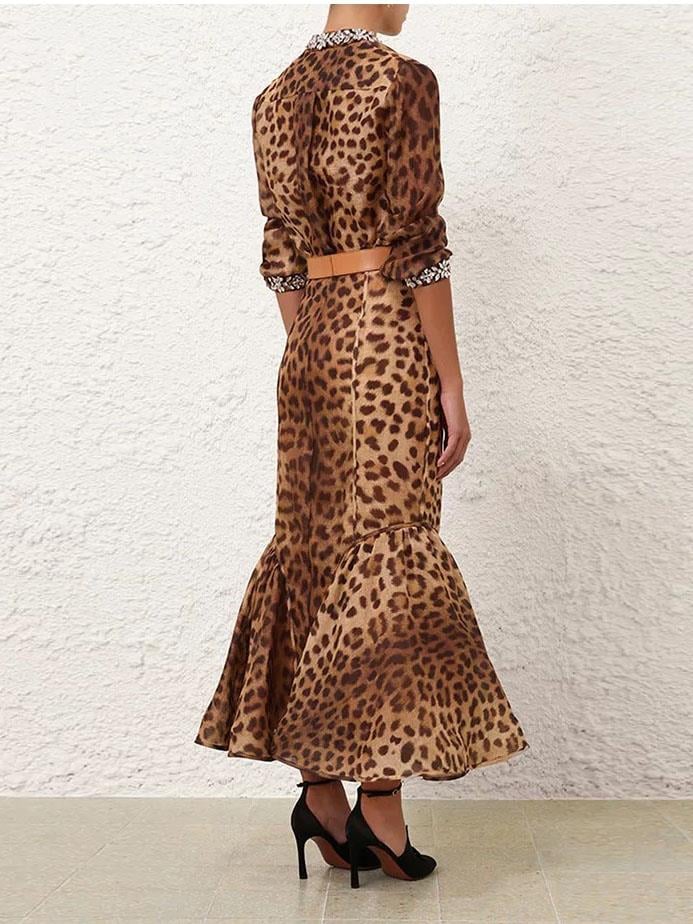 Leopar Desenli Kristal Taşlı Gömlek ve Etek Takım