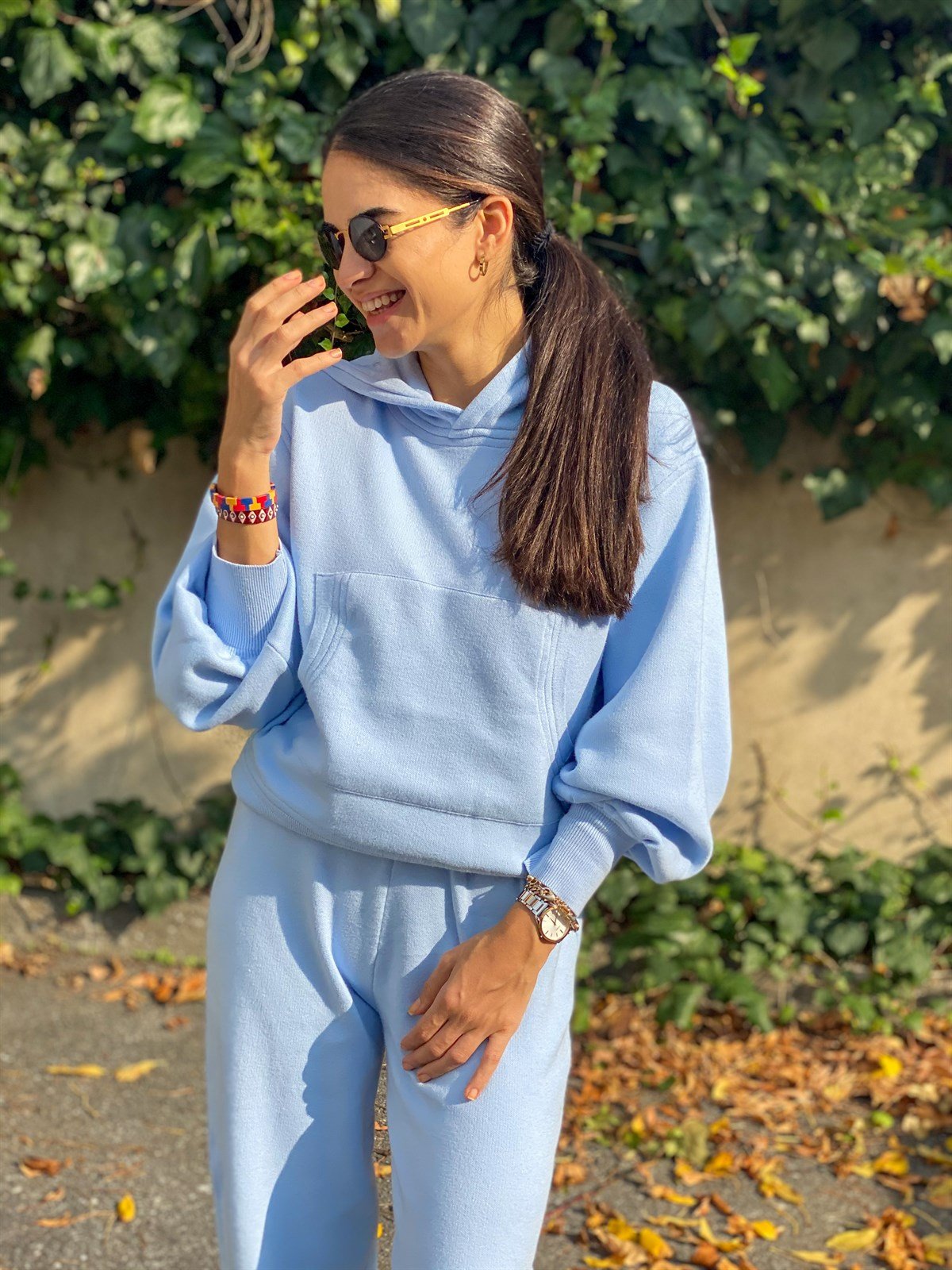 Mavi Kapüşonlu Triko Sweatshirt